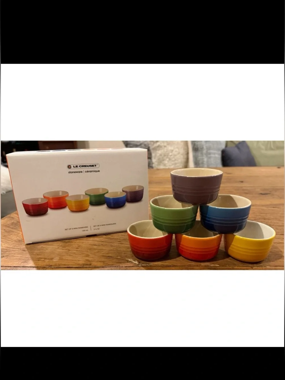 Le Creuset Stoneware Rainbow Multicolor Set of 6 3.5oz Mini Ramekins NEW NIB